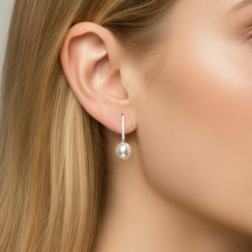 Pendientes Perla y Diamantes Oro Blanco Serenidad - Brincos de pérolas 2