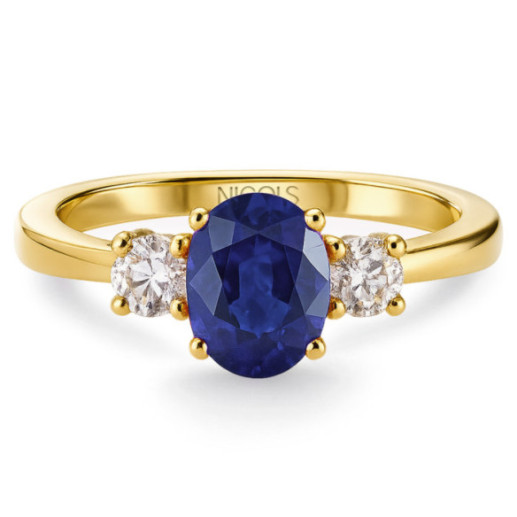 Anillo oro amarillo con zafiro y diamantes tresillo Sunset Oval - Anillos de Zafiro