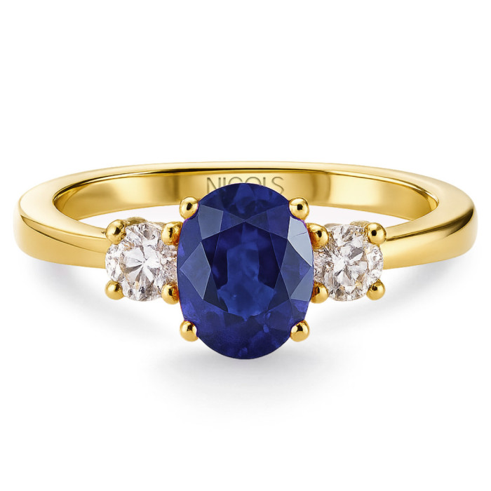 Anillo oro amarillo con zafiro y diamantes tresillo Sunset Oval - Anillos de Zafiro