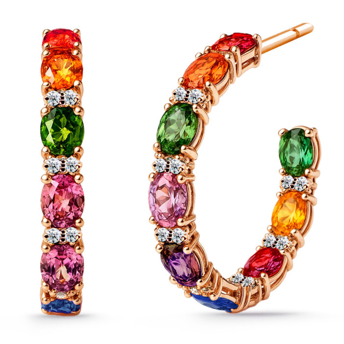 Rainbow maxi hoop earrings in rose gold with sapphires and diamonds - Colored Gemstone Earrings
