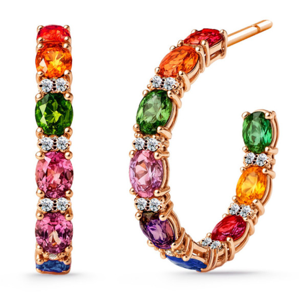 Rainbow maxi hoop earrings in rose gold with sapphires and diamonds - Colored Gemstone Earrings