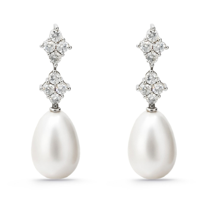 Pendientes Diamantes Y Perlas Doble Rombo - Pendientes de Perlas