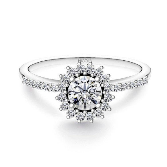 Anillo Solitario Margarita 0.30 brazo diamantes - Talla Brillante
