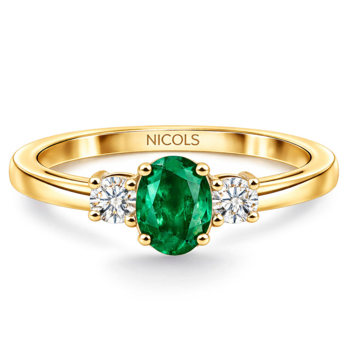 Anillo Esmeralda y Diamantes Oro Amarillo Tresillo Sunset Oval - Anillos de Compromiso Verde