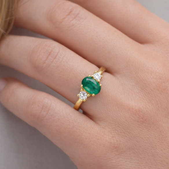 Emerald and Diamond Ring, Yellow Gold, Three-Piece Set, Sunset Oval - Green engagement rings