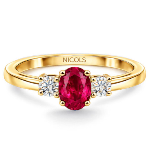 Anillo Rubí y Diamantes Tresillo Oro Amarillo Sunset Oval - Anéis de noivado vermelho