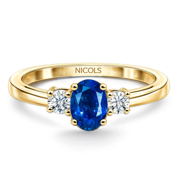 Anillo Zafiro y Diamantes Tresillo Oro Amarillo Sunset Oval - Anillos de Compromiso Azul
