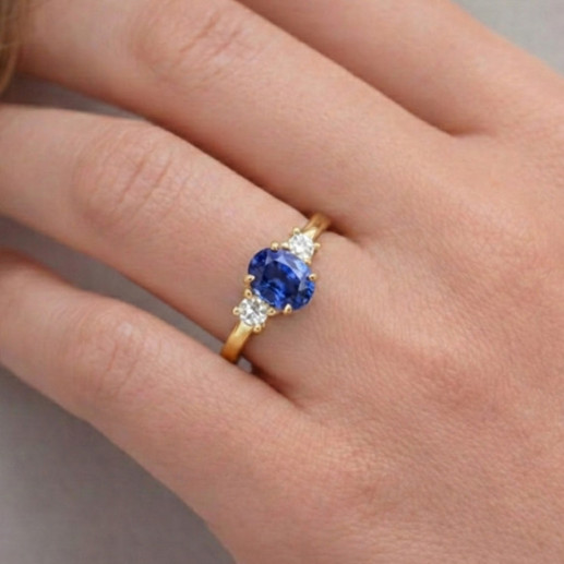 Sapphire and Diamond Three-Piece Ring in Yellow Gold Sunset Oval - Blue Engagement Rings 2