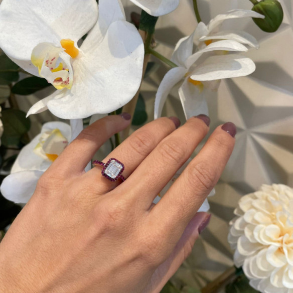 Anillo Rubís y Diamantes Rodio Negro Oro Rosa Pavé - Bagues rubis