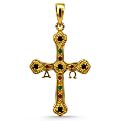 Cruz de Covadonga Esmeralda, Zafiro y Rubí Oro Amarillo 33x23mm - Travessias de caravaca