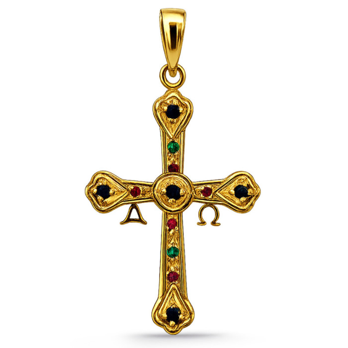 Covadonga Cross Emerald, Sapphire and Ruby Yellow Gold 33x23mm - Crossings of Caravaca