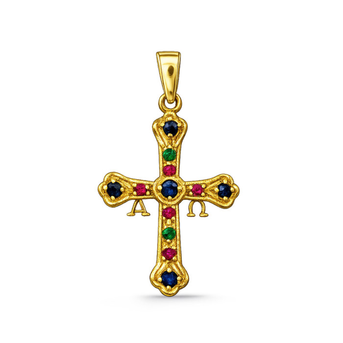 Cruz de Covadonga Esmeralda, Zafiro y Rubí Oro Amarillo 26x18mm - Travessias de caravaca