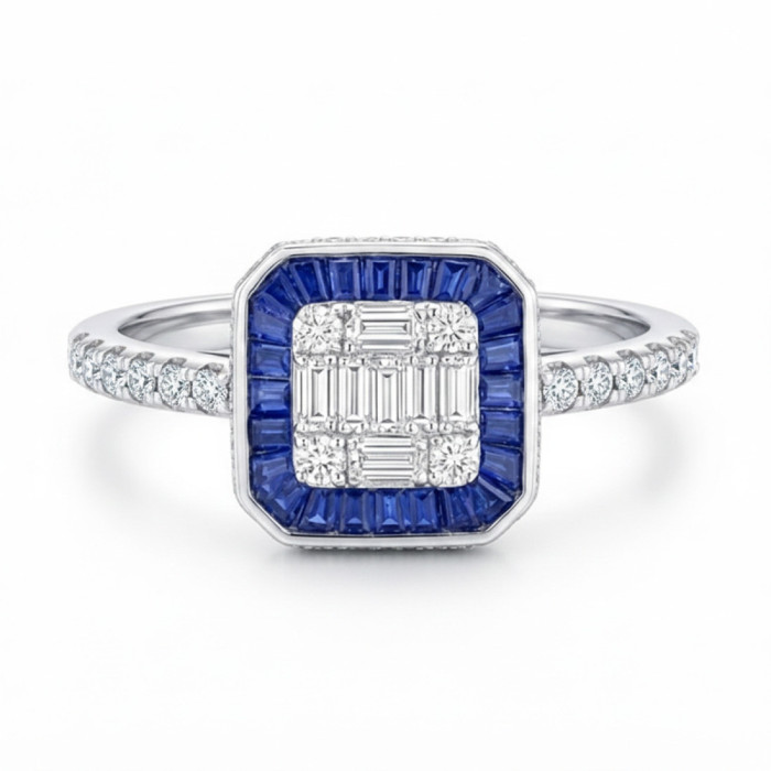 Anillo Zafiro y Diamantes Oro Blanco Pavé Square - Anéis de safira