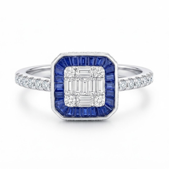 Anillo Zafiro y Diamantes Oro Blanco Pavé Square - Anéis de safira
