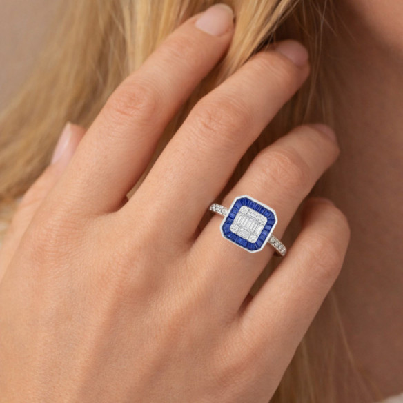 Sapphire and Diamond Ring in White Gold, Square - Sapphire rings