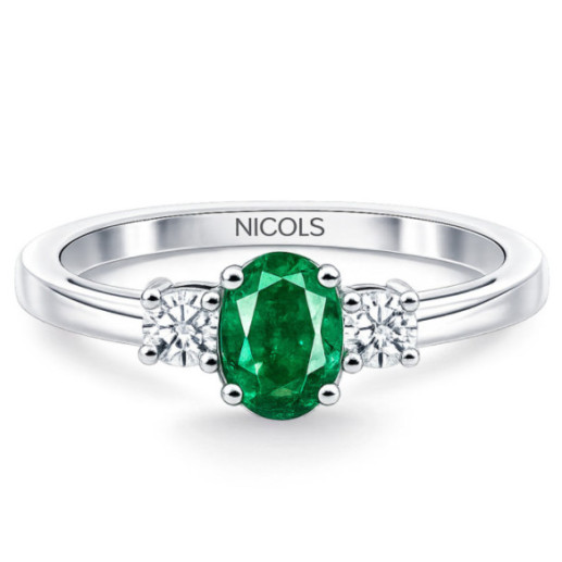 Emerald and Diamond Three-Piece Ring in White Gold Sunset Oval - Green engagement rings