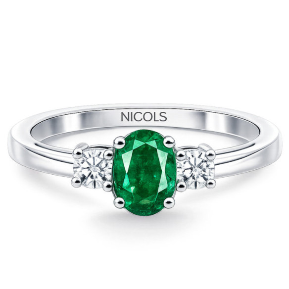 Anillo Esmeralda y Diamantes Tresillo Oro Blanco Sunset Oval - Anillos de Compromiso Verde