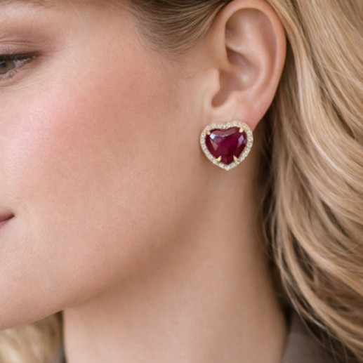 Ruby and Diamond Heart Necklace Earrings Yellow Gold Red Carpet - Red stones earrings 2