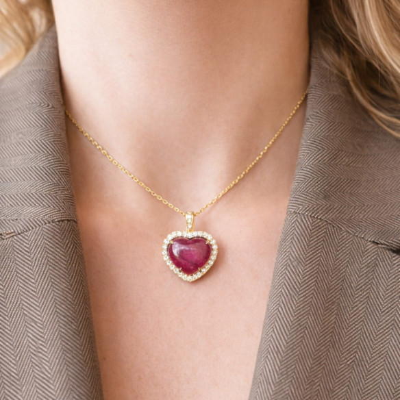 Ruby and Diamond Heart Necklace in Yellow Gold, Red Carpet - Red Stone Necklaces