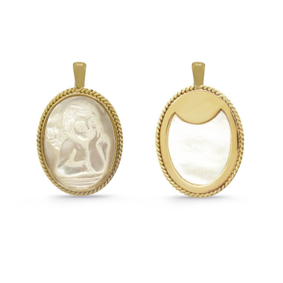 Angel Seraphim Medal Oval 18K Gold Mother of Pearl Twisted Bezel - Gold Religious Medals
