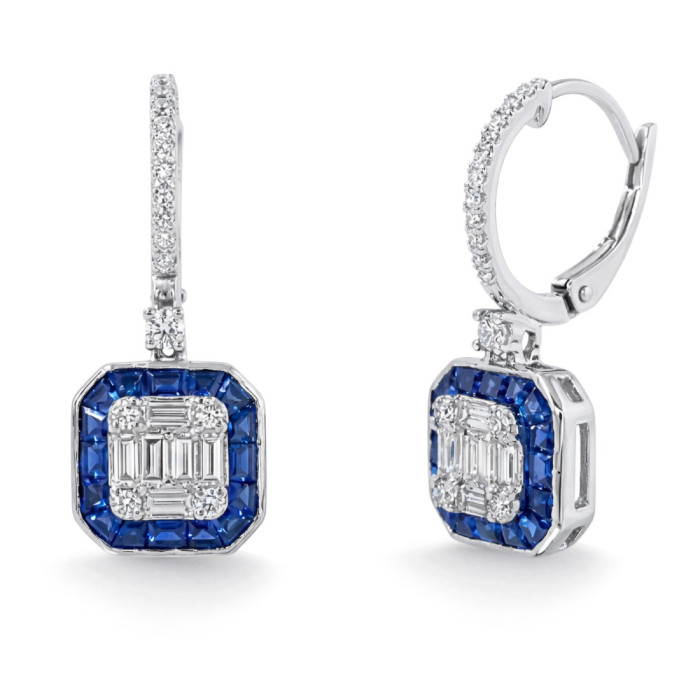 Sapphire and Diamond Earrings in White Gold Square Creole Setting - sleepy