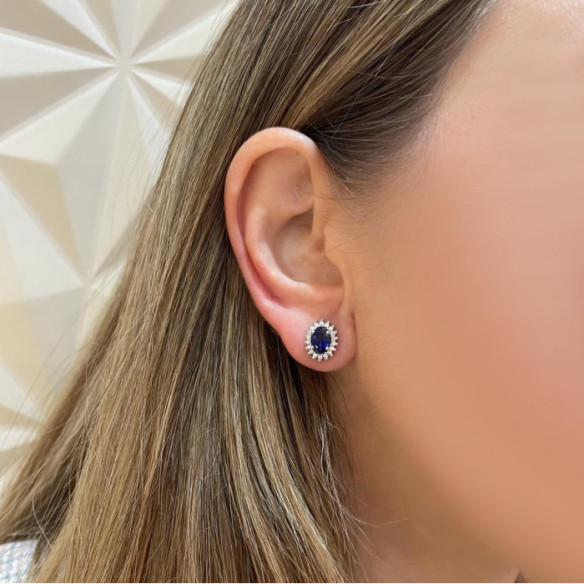 Pendientes Zafiro y Diamante Oro Blanco Dalia - Boucles d'oreilles de pierres bleues