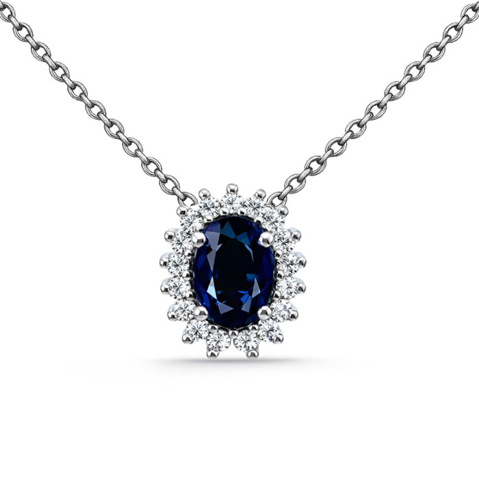 Sapphire and Diamond Pendant in White Gold Dahlia - Blue Stone Pendants
