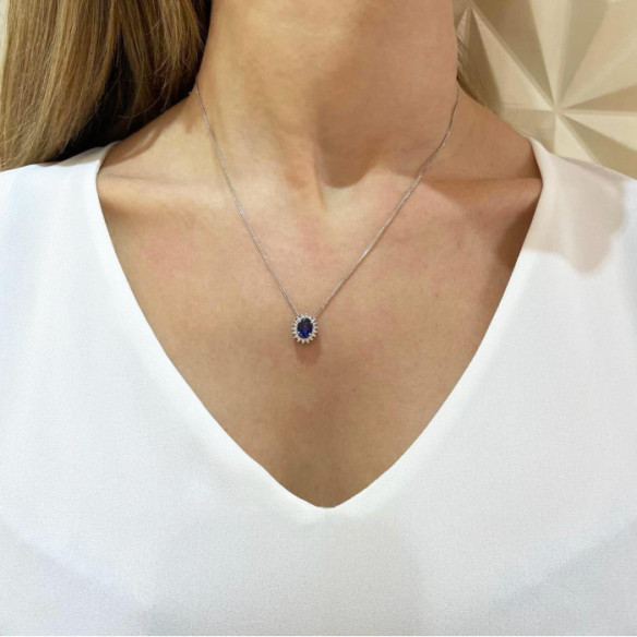 Sapphire and Diamond Pendant in White Gold Dahlia - Blue Stone Pendants