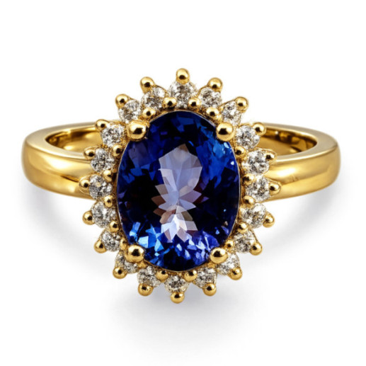 Anillo Tanzanita y Diamantes Oro Amarillo Dalia - Anillos de Compromiso Azul