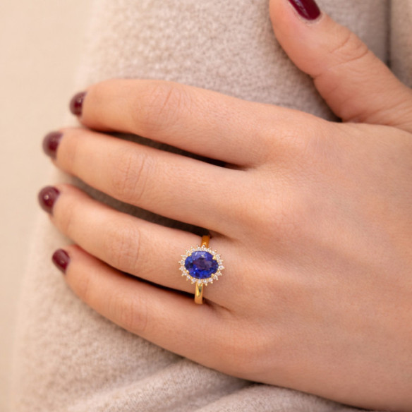 Anillo Tanzanita y Diamantes Oro Amarillo Dalia - Anéis de Noivado Azul