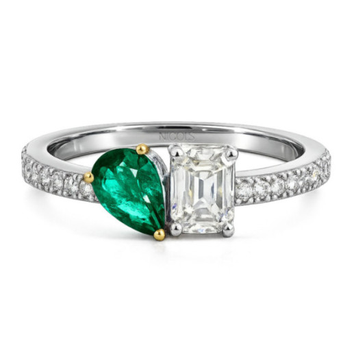 Anillo Esmeralda y Diamantes Oro Blanco Tu y Yo - Anelli di fidanzamento verde