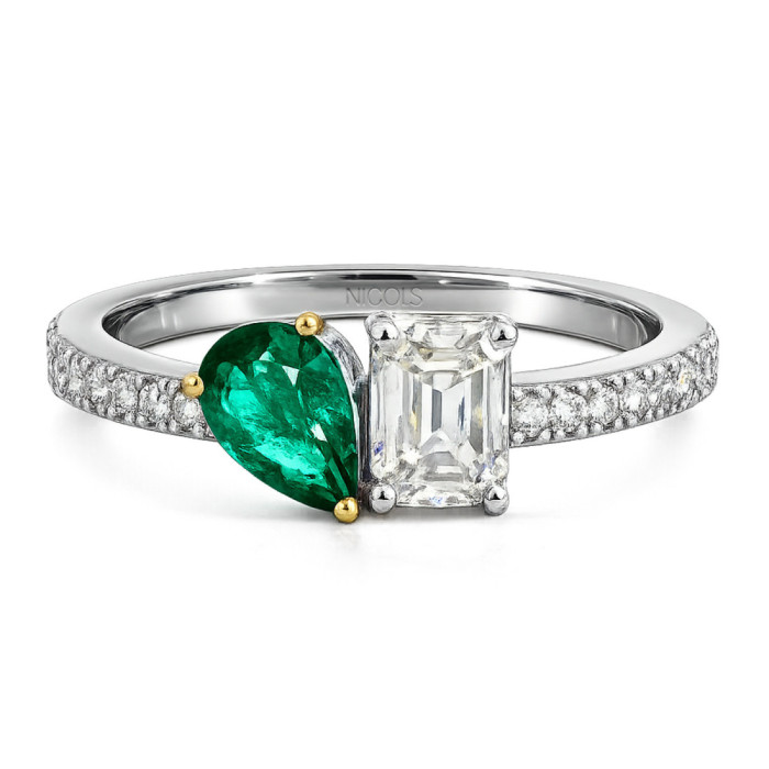 Anillo Esmeralda y Diamantes Oro Blanco Tu y Yo - Bagues de fiançailles vertes