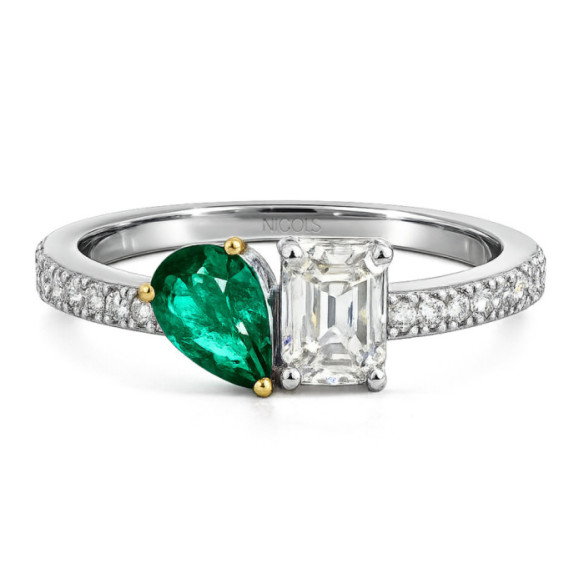 Anillo Esmeralda y Diamantes Oro Blanco Tu y Yo - Anillos de Compromiso Verde
