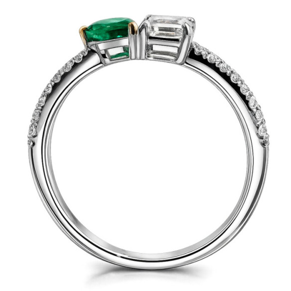 Toi et Moi Emerald and Diamond Ring in White Gold - Green engagement rings