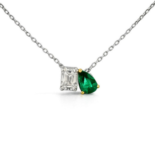 Colgante Esmeralda y Diamante Oro Blanco Tu y Yo - Colgantes de Piedras Verde