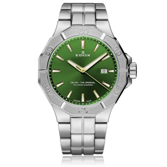 Edox Delfin The Original Date 43mm Stalowy Zielony Cyferblat