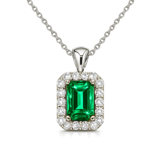 Sunset Rectangle Emerald and Diamond Necklace in White Gold 99929918546