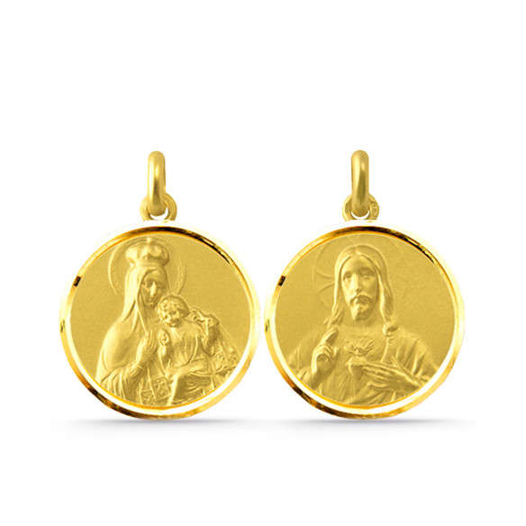 Escapulario Virgen del Carmen y Sagrado Corazón 18K Bisel Hueca