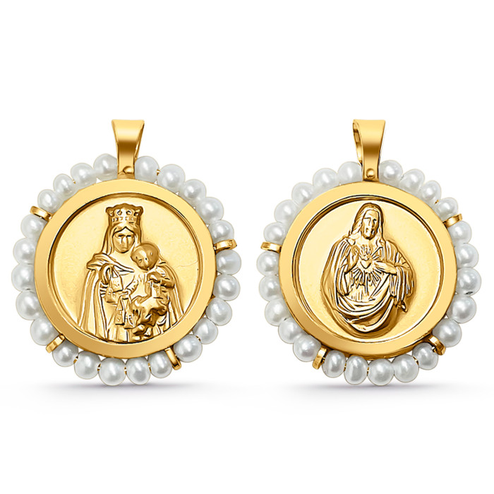 Escapulario oro y perlas Virgen del Carmen y Sagrado Corazón