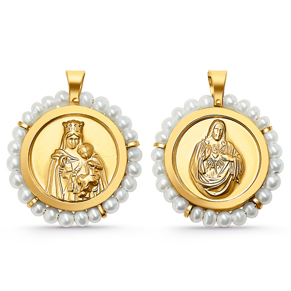 Escapulario guld og perler Virgen del Carmen og Sagrado Corazón