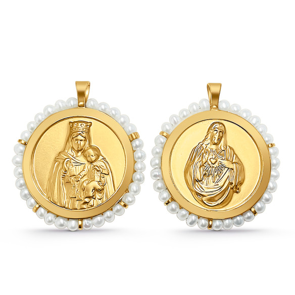 Escapulario guld og perler Virgen del Carmen og Sagrado Corazón