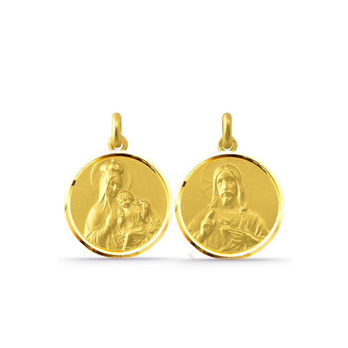 Escapulario Virgen del Carmen y Sagrado Corazón 18K Bisel
